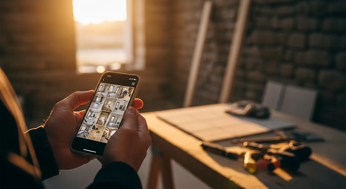 Artisan tenant un smartphone affichant une galerie photo de chantiers, sur un établi en bois