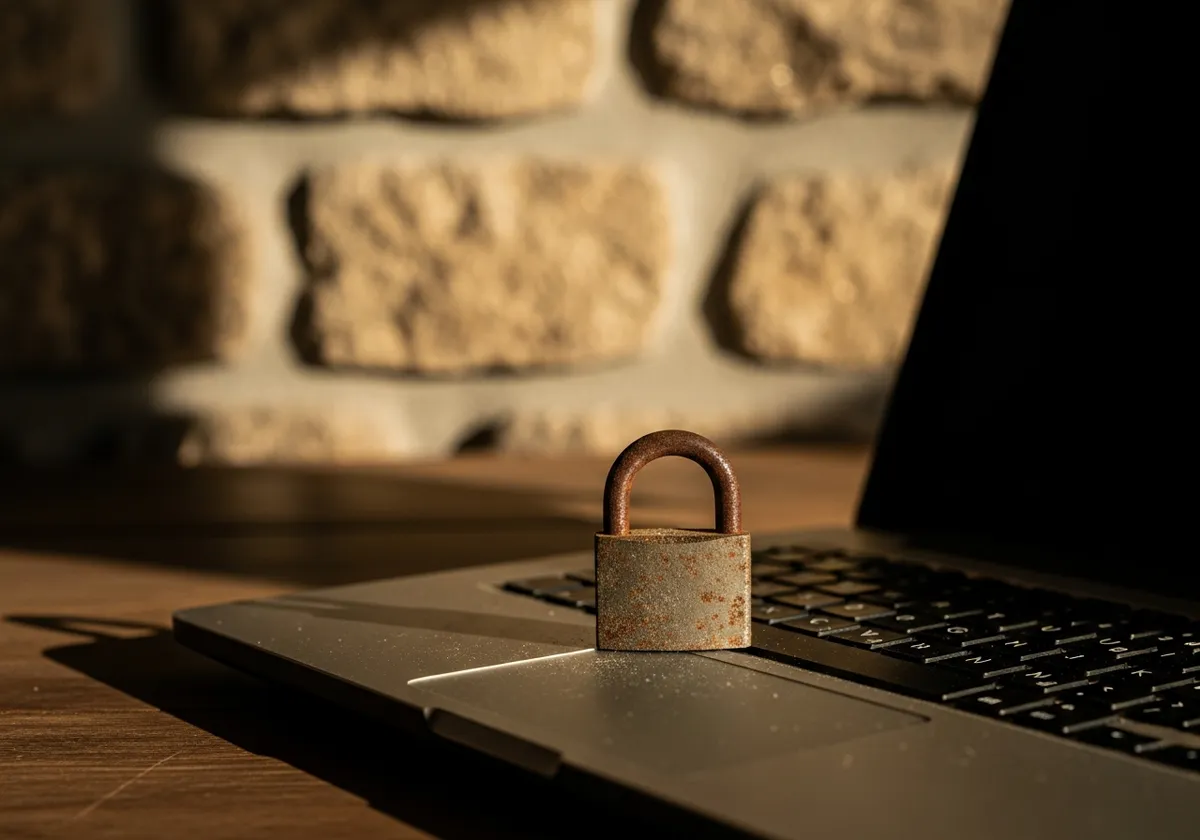 Cadenas rusté et poussière posés sur le clavier d'un ordinateur portable, symbole d'une maintenance de site internet négligée