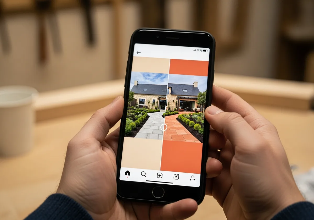 Publicité Instagram Ads sur smartphone montrant un avant/après de jardin rénové, mains d'un artisan en arrière-plan flou