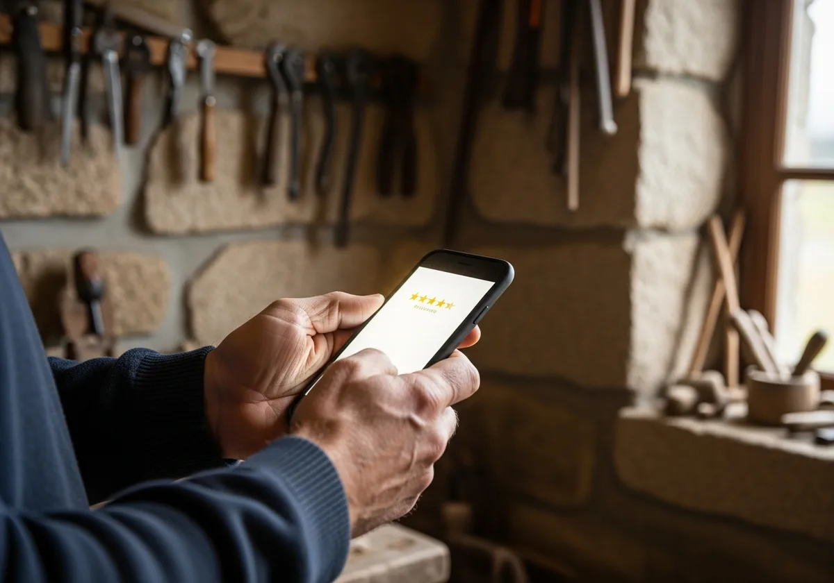 Mains d'un artisan tenant un smartphone avec une fiche Google My Business et des étoiles d'avis visibles — atelier breton, lumière naturelle