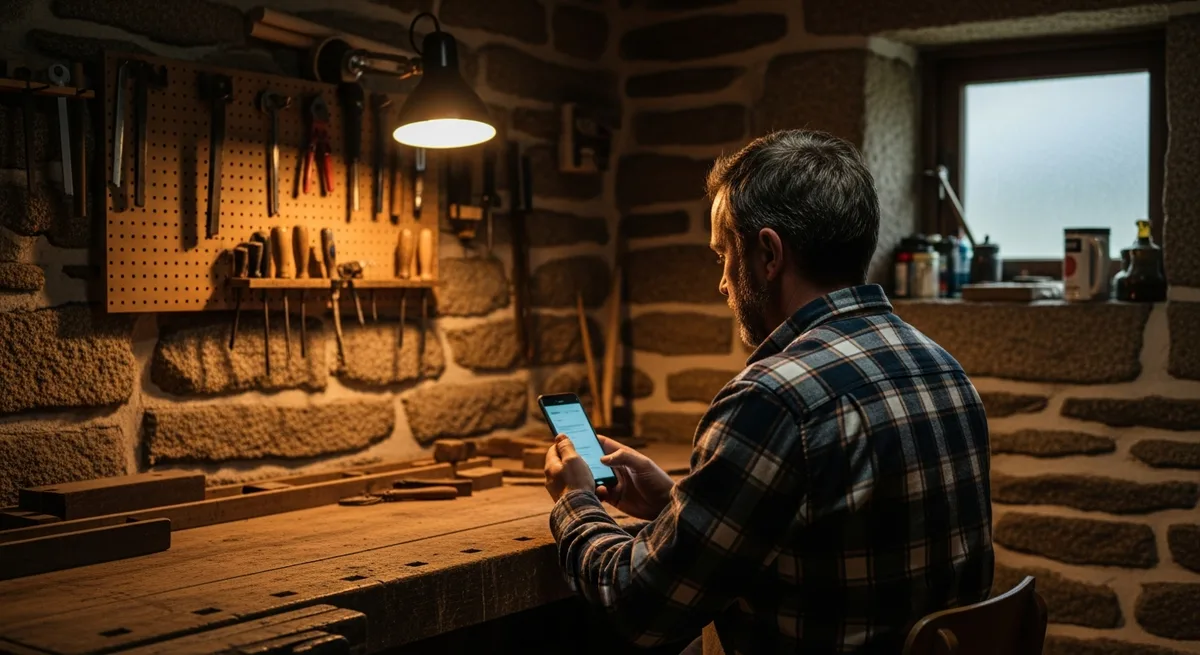 Artisan brestois dans son atelier consultant les résultats Google sur son smartphone — référencement local Brest
