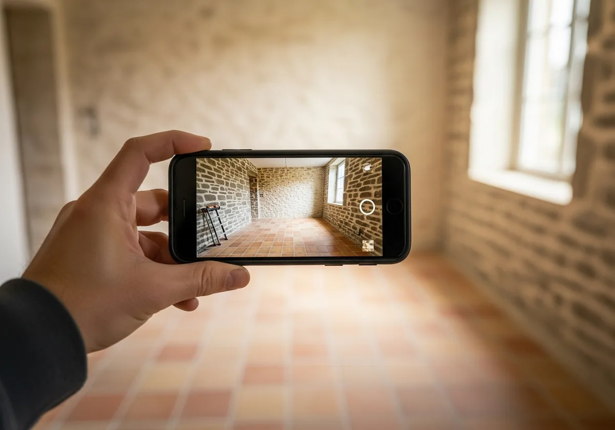 Main d'un artisan photographiant avec son téléphone une réalisation de chantier terminée dans une maison bretonne — pages site internet artisan