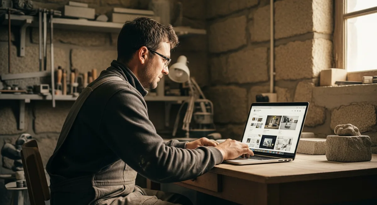 Artisan en tenue de travail consultant son site internet sur un ordinateur portable dans son atelier breton — agence web Brest
