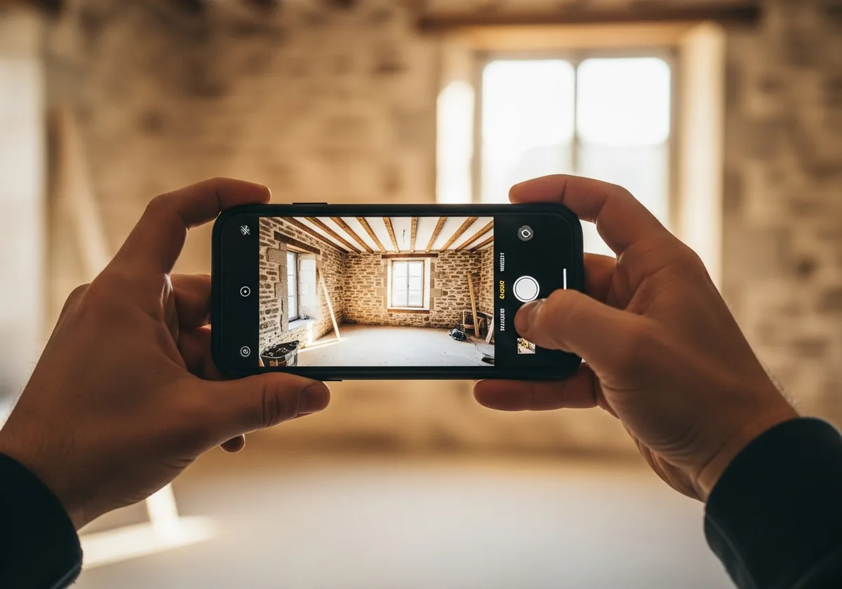Mains d'artisan tenant un smartphone pour photographier un chantier terminé en Finistère — lumière naturelle, intérieur rénové en pierre bretonne