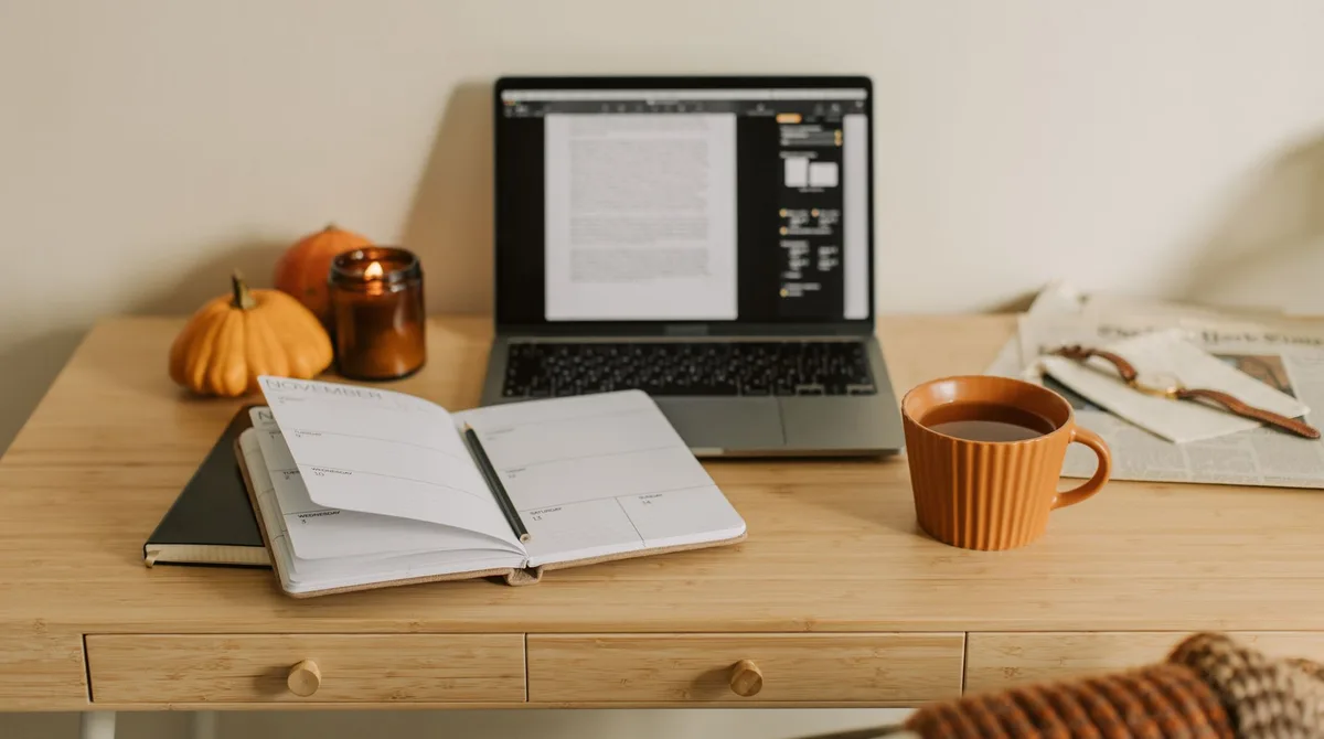 Bureau en bois avec ordinateur portable, agenda et tasse de café, ambiance de travail au calme