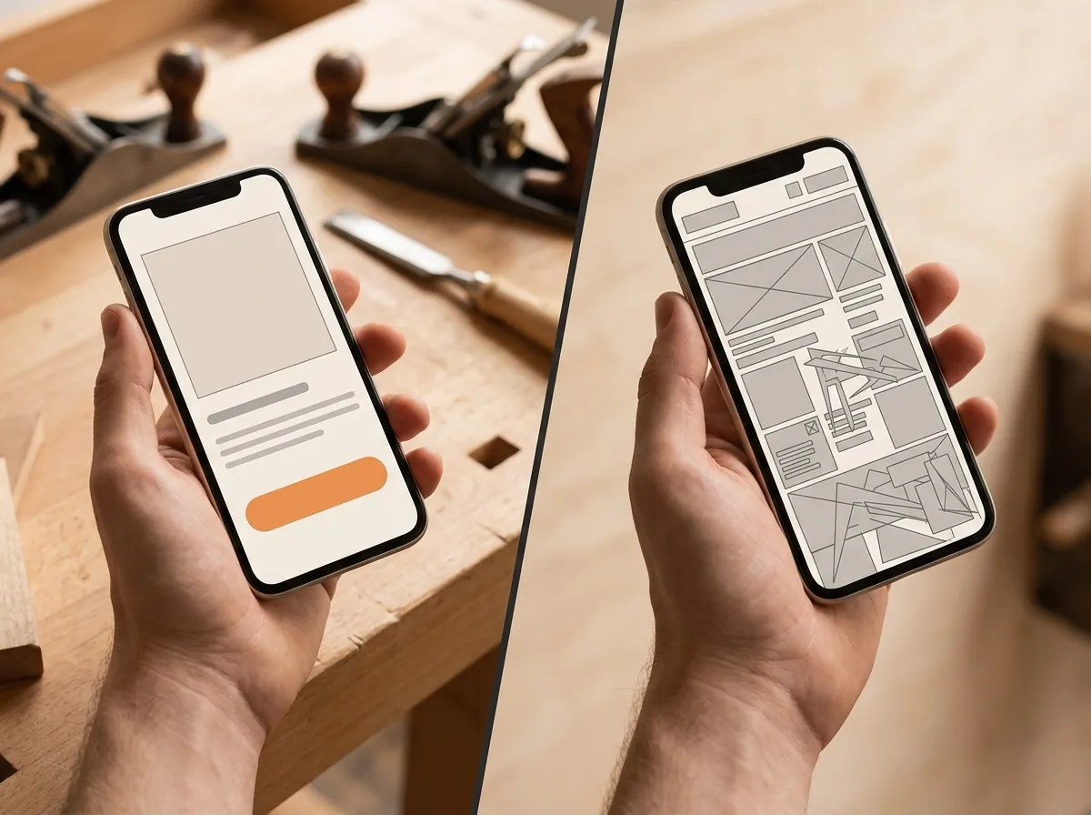 Comparaison d'un site mobile bien structuré et d'un site surchargé, illustrant l'évaluation du portfolio agence web artisan sur mobile