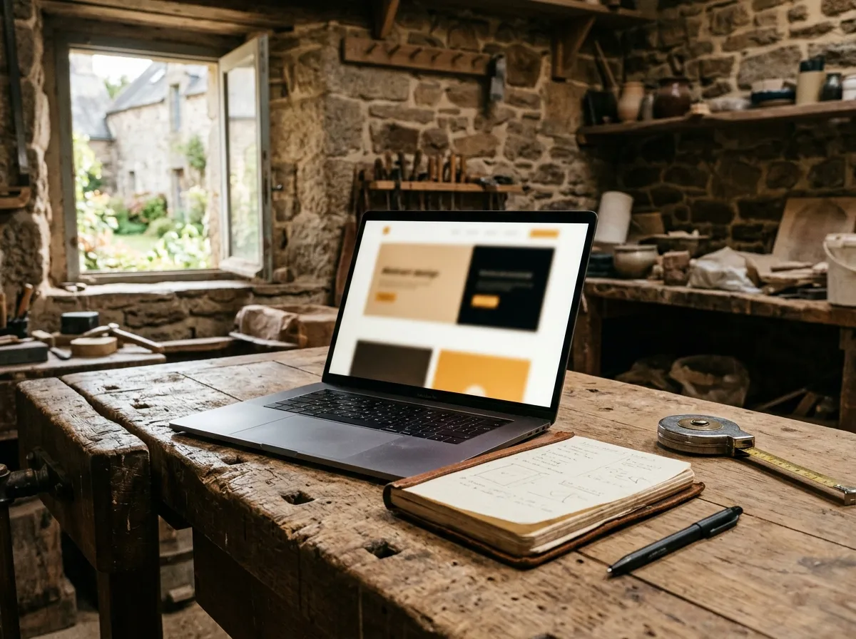 Ordinateur portable ouvert sur un établi d'atelier breton en pierre, avec carnet de croquis et mètre ruban — préparation d'une refonte de site internet artisan