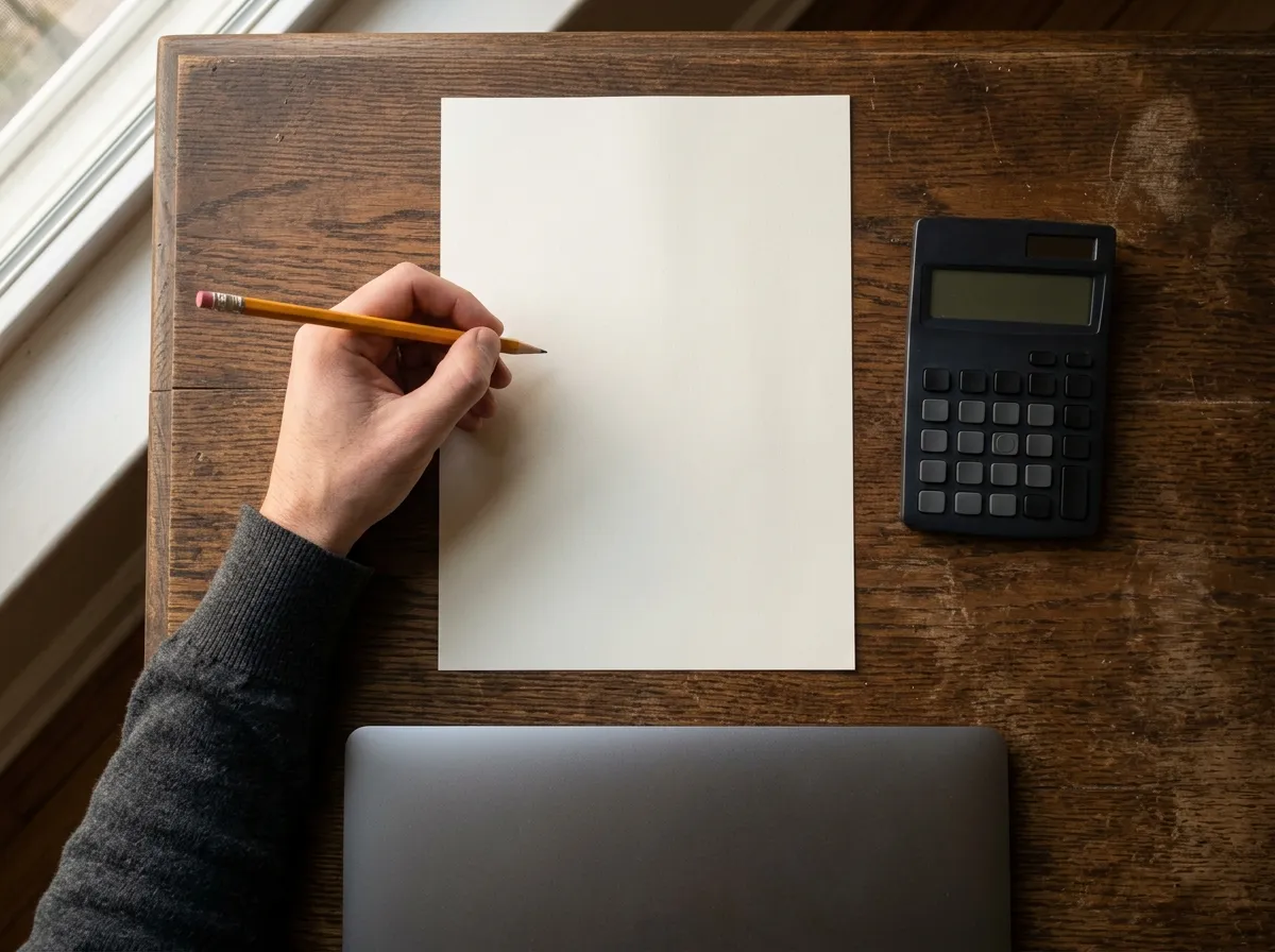 Main d'artisan avec un crayon devant une feuille blanche, une calculatrice et un ordinateur sur un bureau en bois