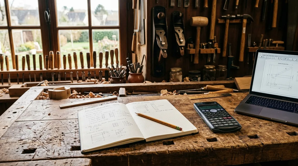 Établi d'artisan avec carnet de croquis, calculatrice et ordinateur portable pour comparer le prix d'un site internet