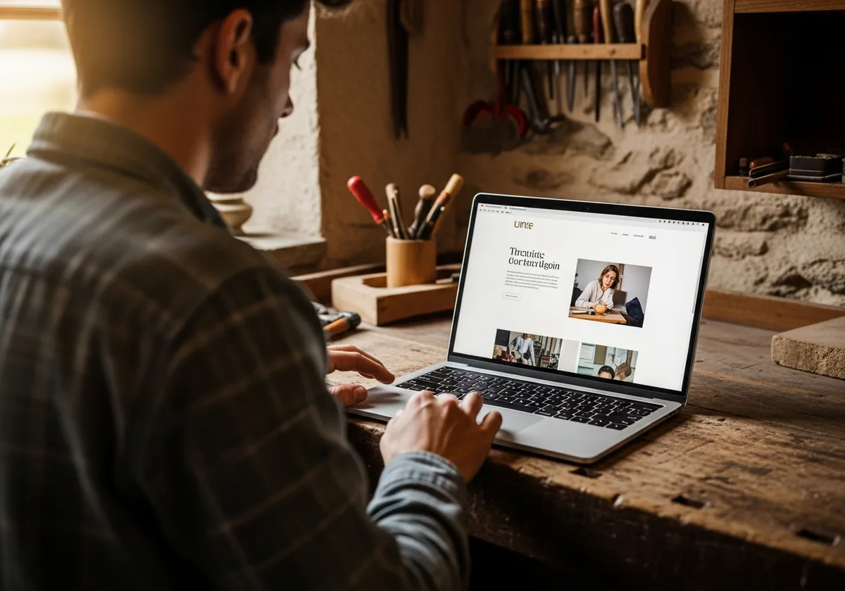 Artisan en atelier breton regardant un site web professionnel sur un ordinateur portable