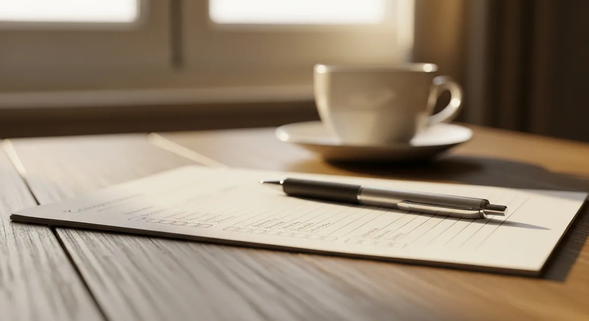 Checklist et stylo sur un bureau en bois d'un artisan breton — questions choisir agence web