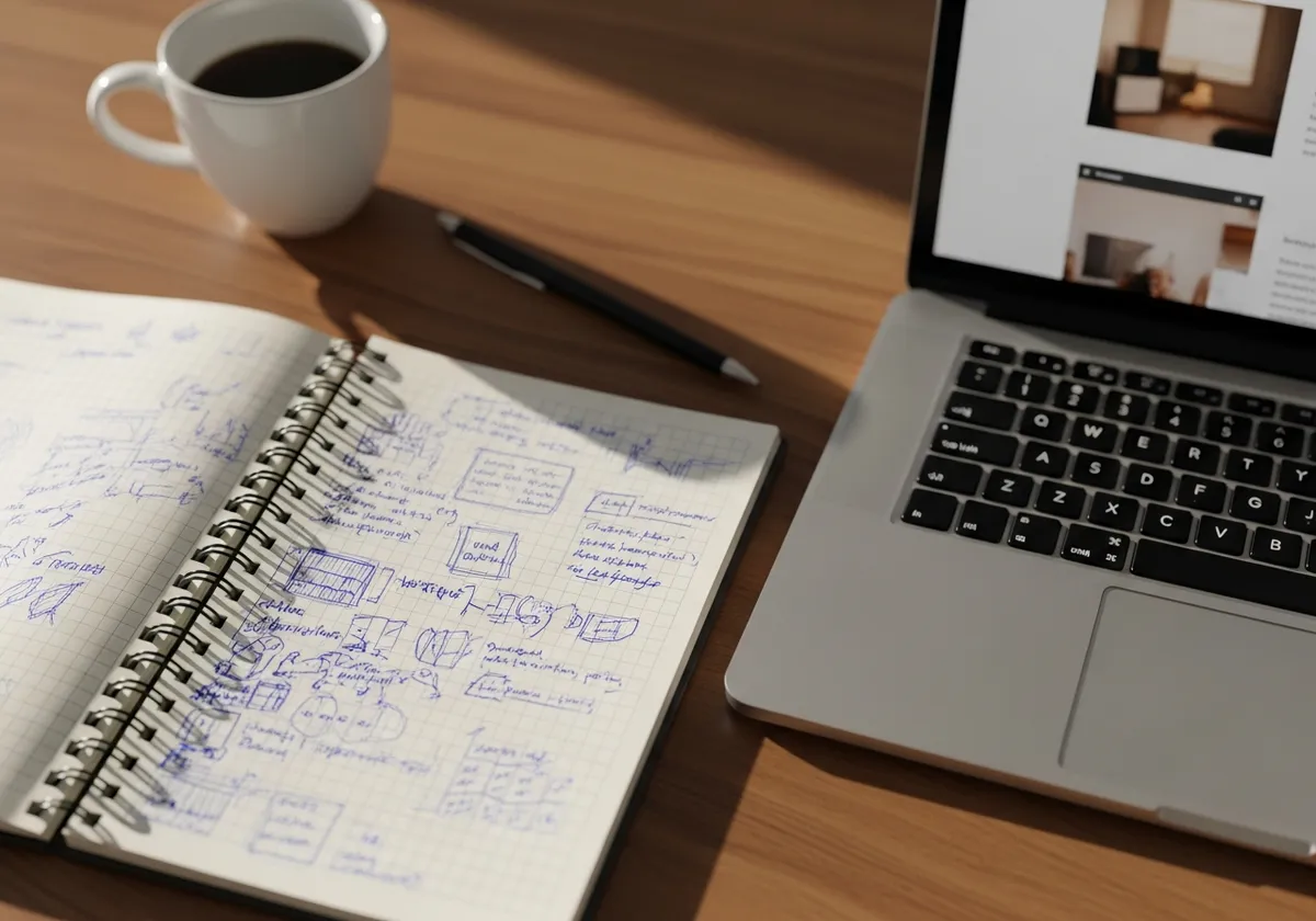 Carnet de notes manuscrites avec croquis de pages, café et ordinateur portable affichant l'ébauche du site — l'entretien transformé en textes