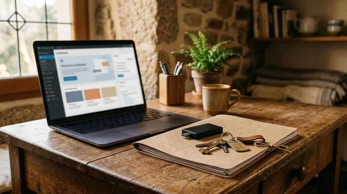 Bureau d'artisan breton avec ordinateur portable, dossier de documents et trousseau de clés symbolisant la récupération d'un site internet