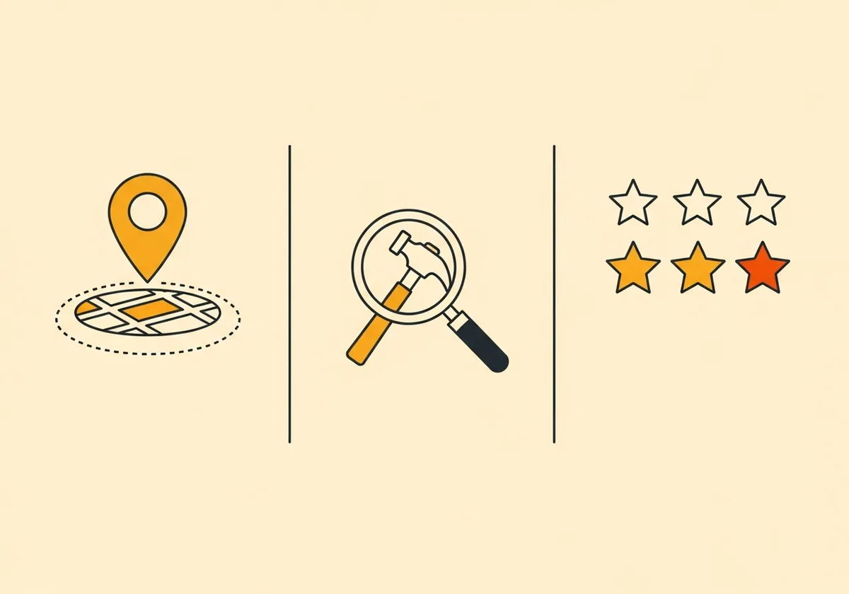 Illustration des trois facteurs de classement Google local : proximité géographique, pertinence du métier, notoriété par les avis clients — SEO local artisan