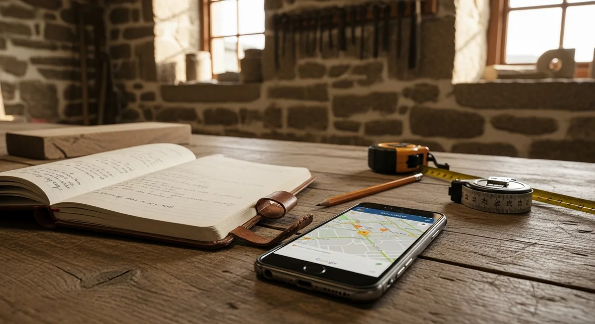 Établi d'artisan breton avec carnet de notes manuscrites et smartphone affichant Google Maps — référencement local artisan