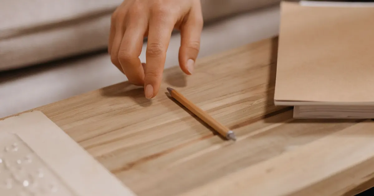 Main posée près d un stylo sur un plan de travail en bois clair, à côté d un carnet, pour relire un rapport SEO mensuel