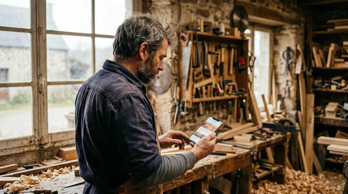 Artisan breton consultant un site internet responsive mobile sur son smartphone dans son atelier