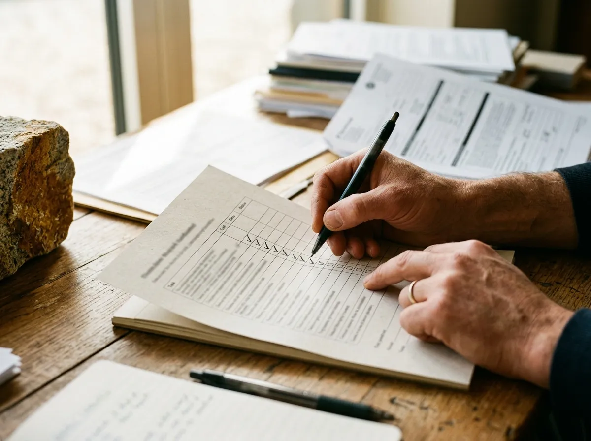 Mains d'artisan cochant une checklist de mentions légales et RGPD sur un établi en bois