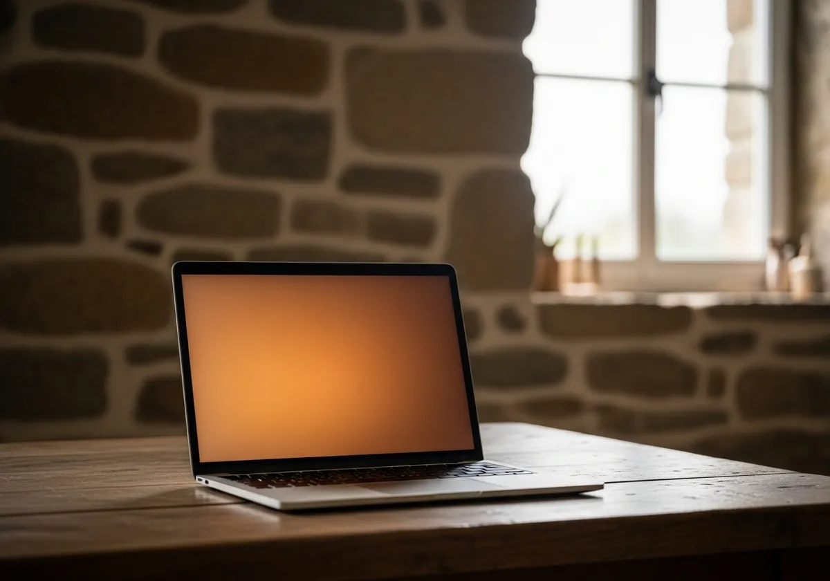 Ordinateur portable ouvert sur un établi en bois, écran orangé évoquant une alerte de sécurité sur un site WordPress