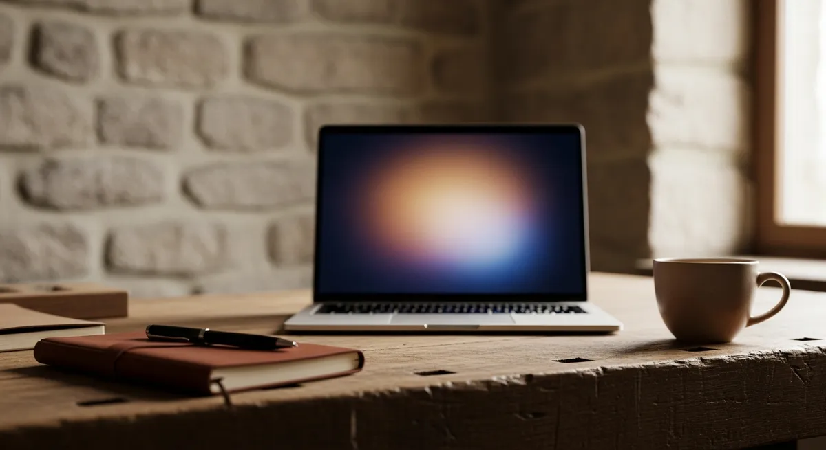 Ordinateur portable sur un établi d'artisan avec écran flouté évoquant une alerte de sécurité WordPress