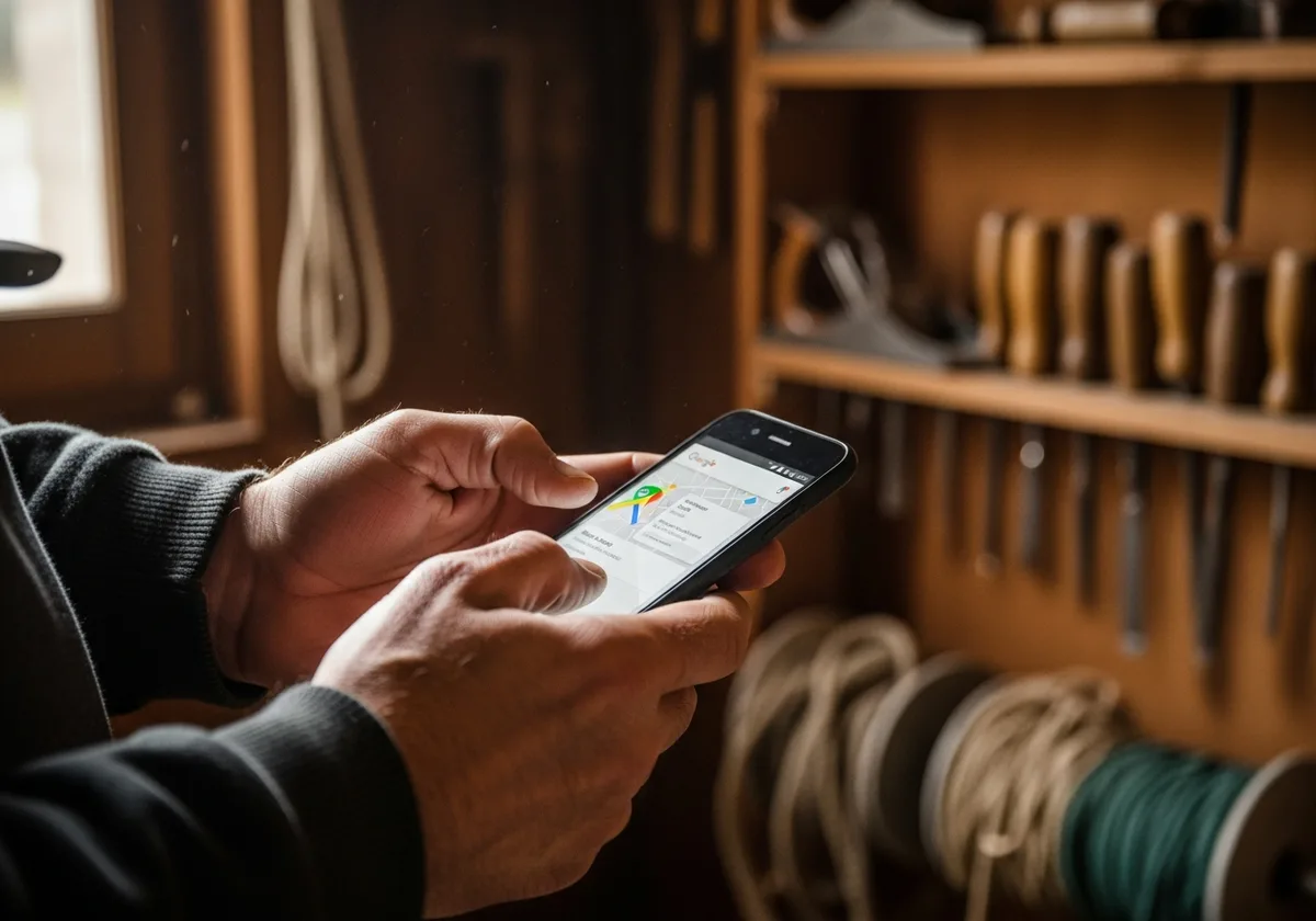 Mains d'artisan tenant un smartphone avec une fiche Google My Business locale — référencement naturel pour artisan