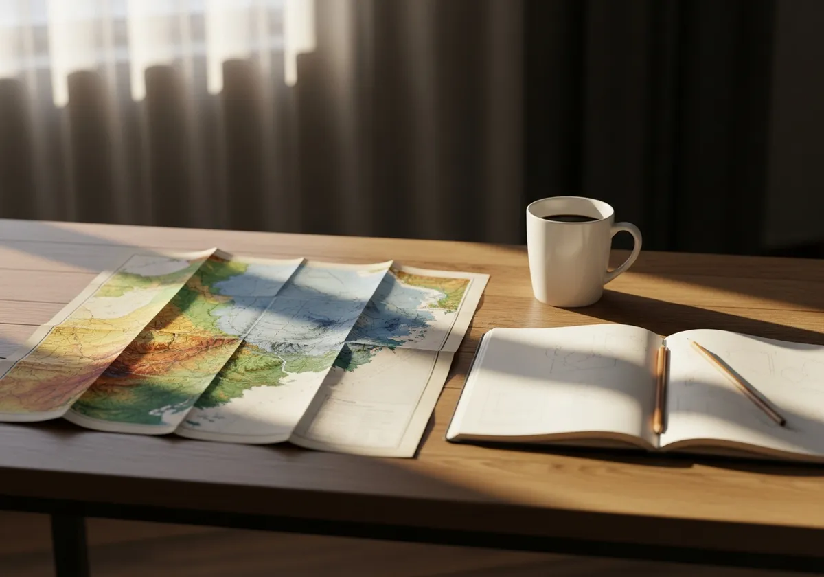 Carte du Finistère et carnet de notes sur une table en bois, préparation d'une stratégie de référencement local par zone