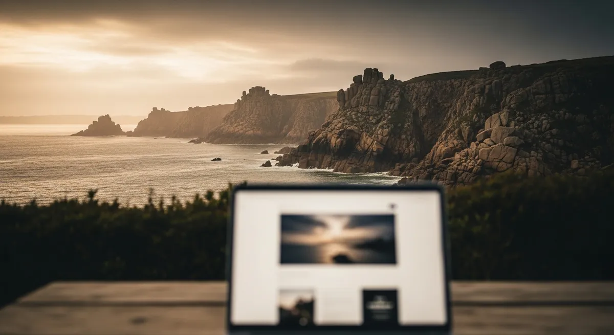 Ordinateur portable devant la côte granitique du Finistère près de Brest — référencement SEO Finistère