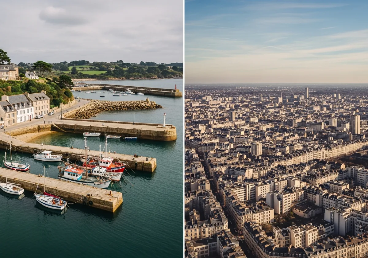 Port de pêche breton intimiste à gauche, panorama de grande ville française à droite — contraste entre SEO local et SEO national