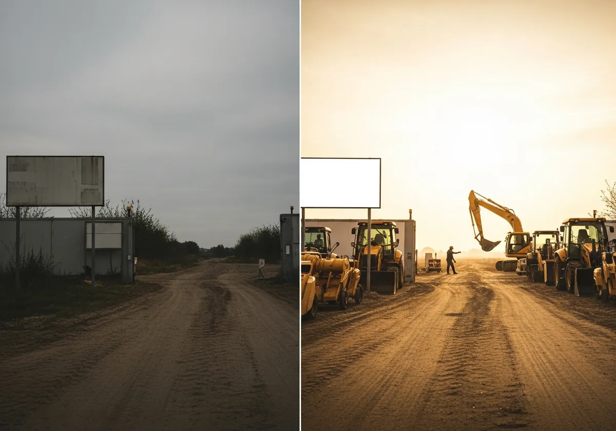 Chantier de terrassement à Brest avant/après : entrée de site à l'abandon à gauche, chantier actif et organisé à droite