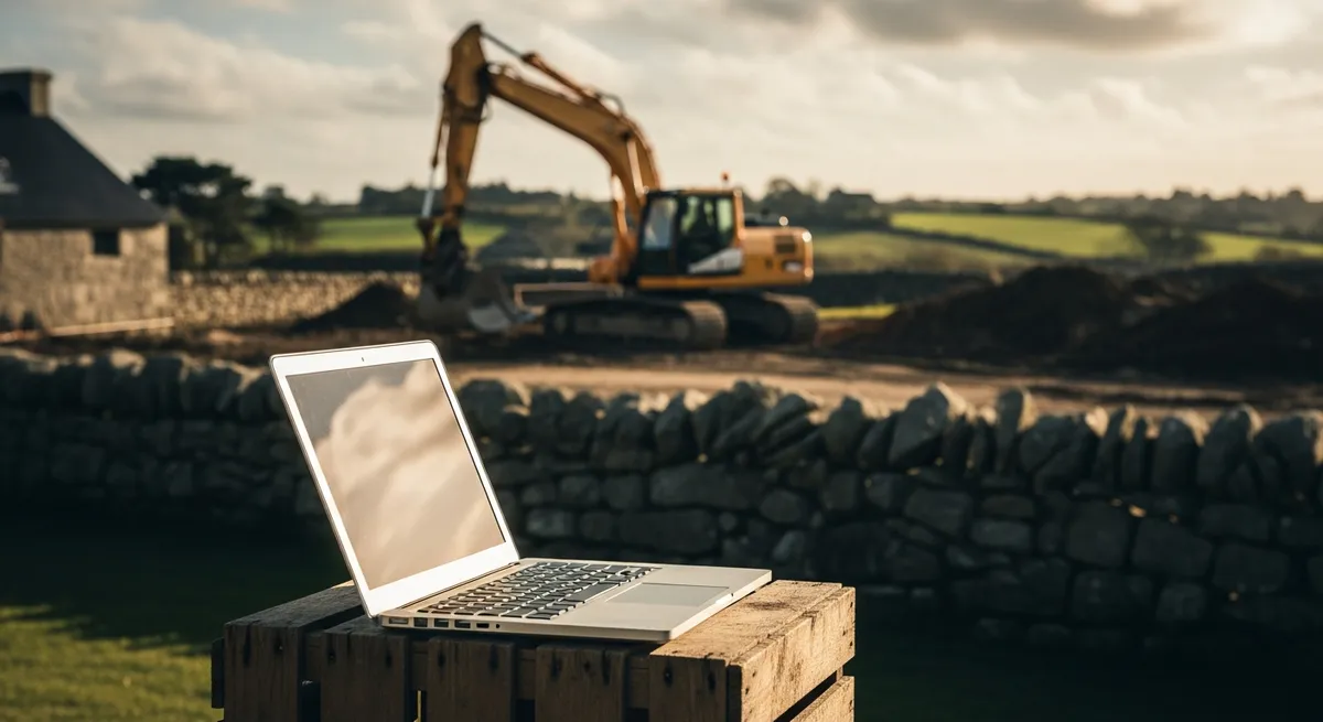 Pelleteuse sur un chantier de terrassement en Bretagne avec un ordinateur portable au premier plan — référencement terrassier Brest