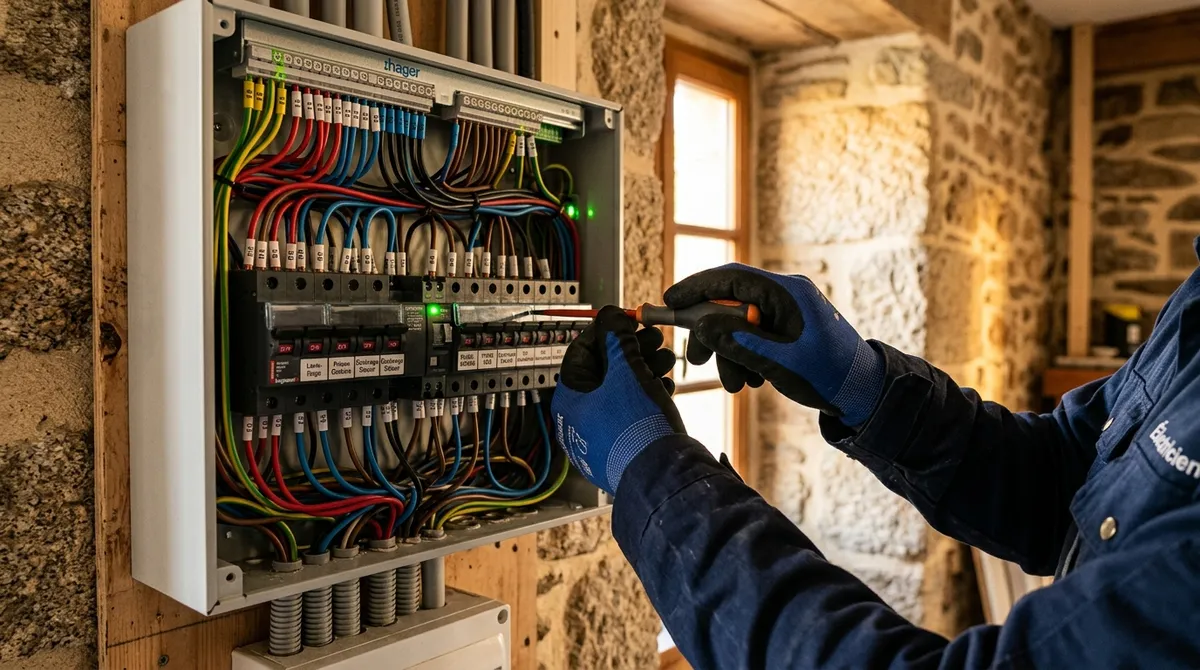 Électricien inspectant un tableau électrique aux fils rangés et étiquetés dans une maison en pierre bretonne