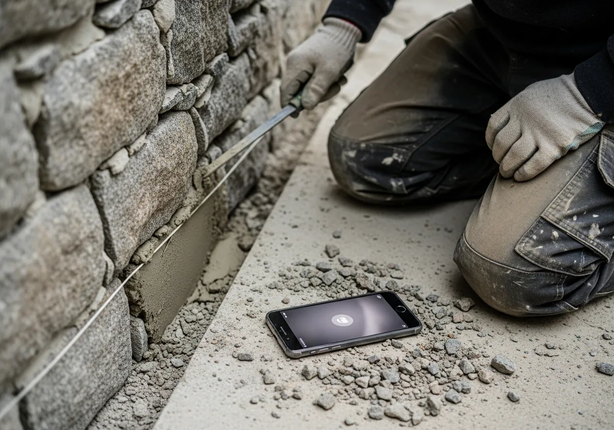 Artisan au chantier de rénovation pierre en Bretagne, smartphone à côté recevant une notification de contact — site internet vs réseaux sociaux artisan
