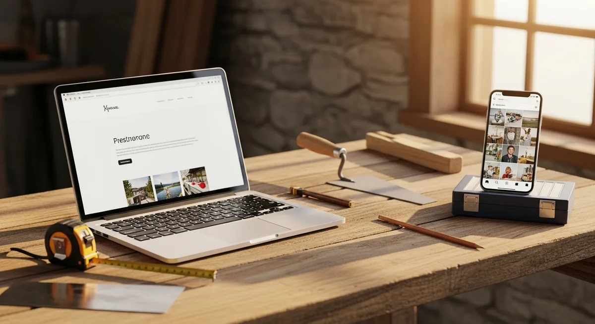 Table de travail d'artisan avec laptop affichant un site web et smartphone montrant les réseaux sociaux — agence web Brest