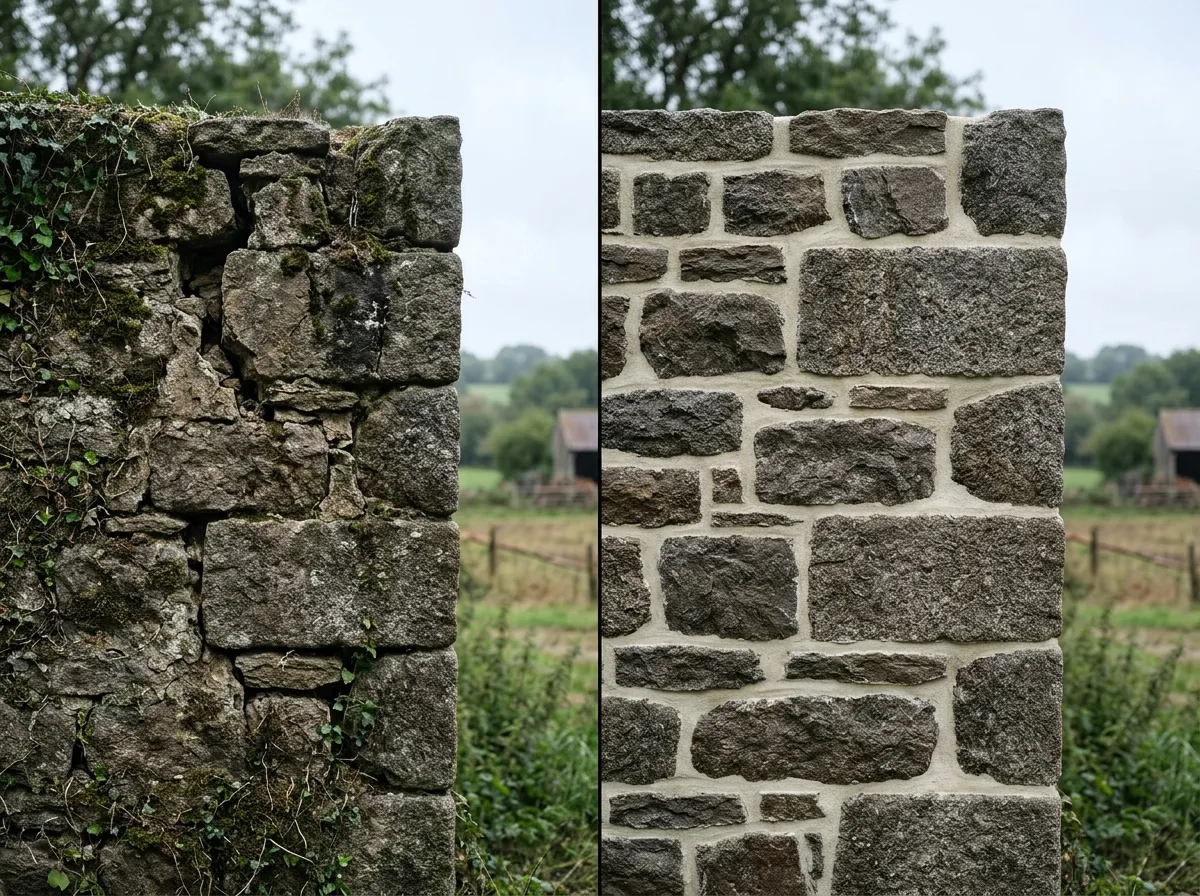 Mur en pierre du Finistère avant/après rénovation : joints fissurés et envahis de mousse à gauche, mur en granit rejointé à la chaux à droite