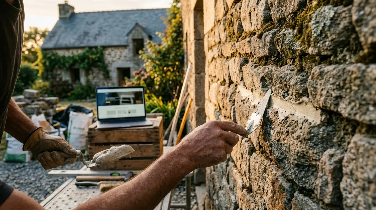 Maçon rejointoyant un mur en granit à la chaux, ordinateur portable posé en arrière-plan sur le chantier — site internet maçon en Bretagne
