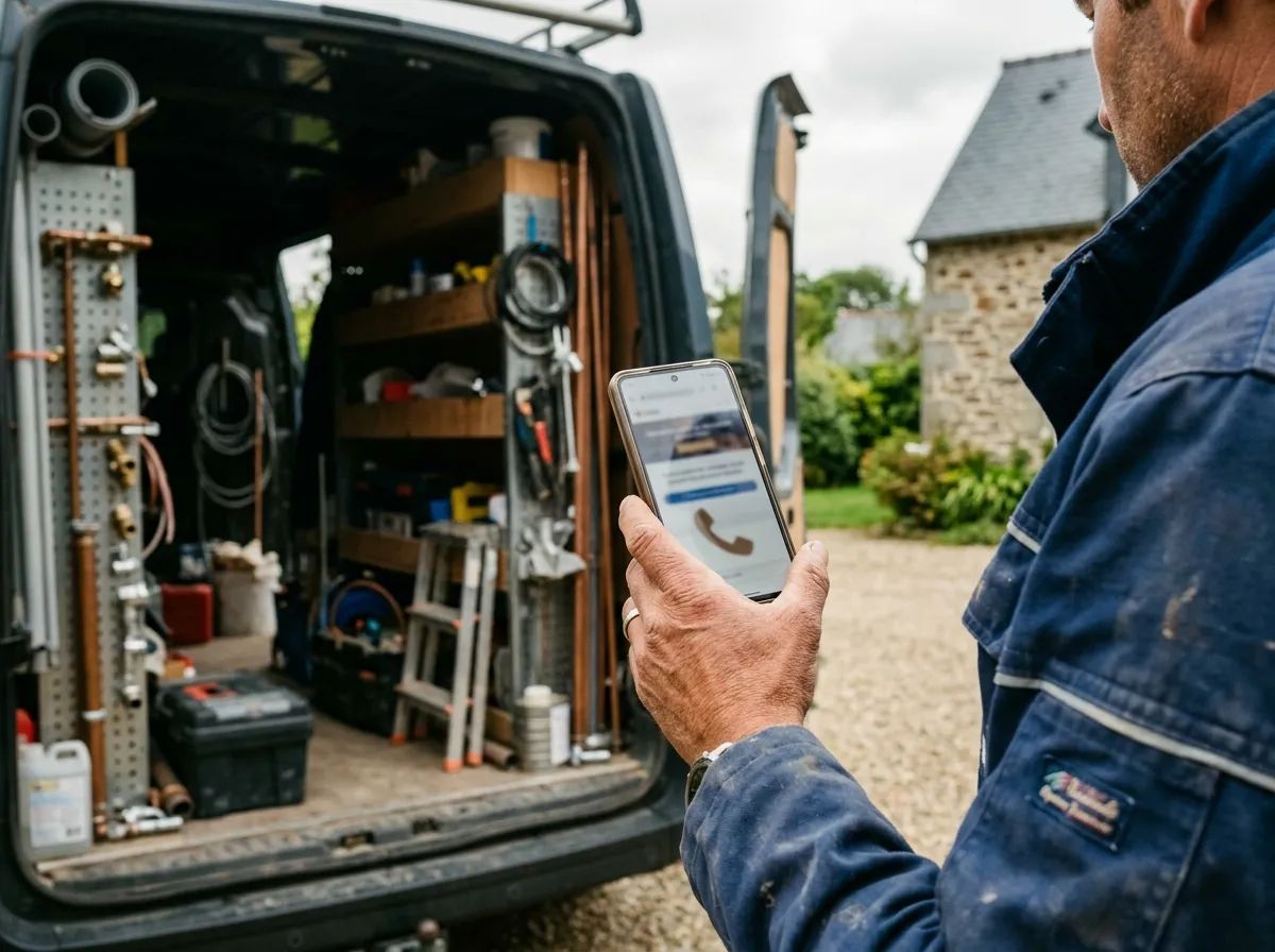 Plombier consultant la page dépannage urgence de son site internet sur smartphone devant son véhicule