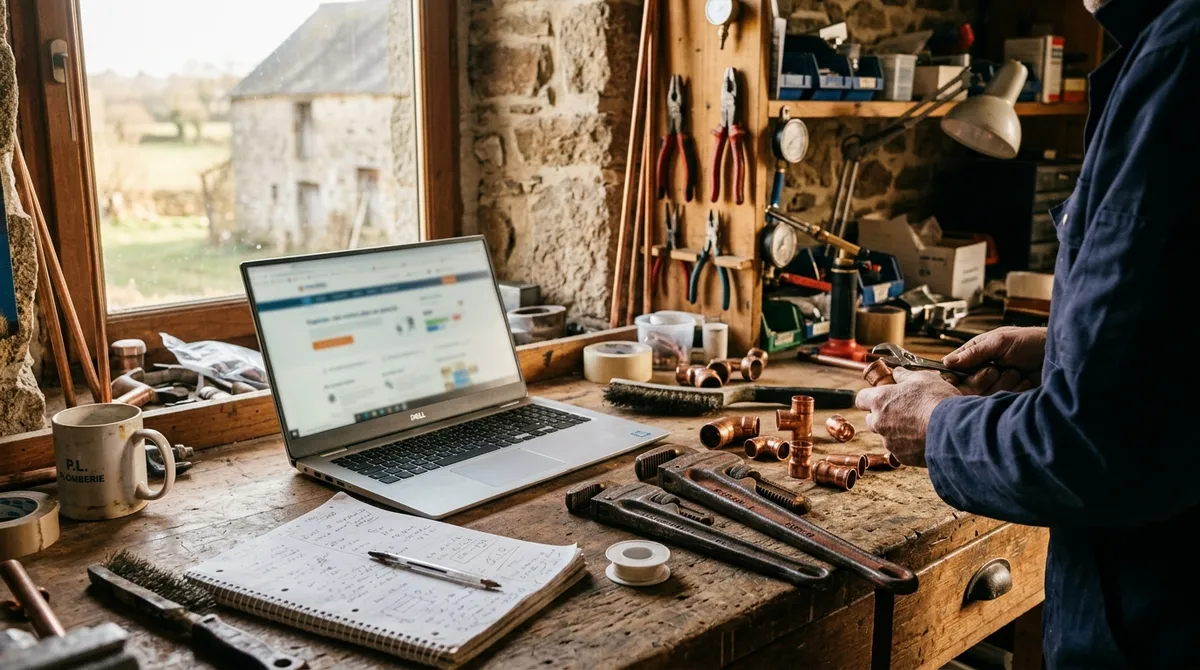 Atelier d'un plombier-chauffagiste avec ordinateur portable affichant un site internet — agence web Brest