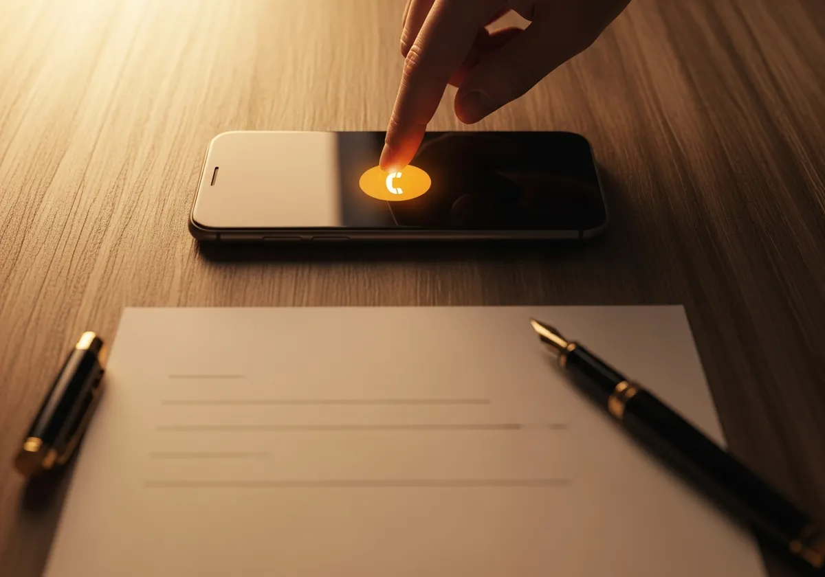 Smartphone avec bouton d'appel lumineux au premier plan et formulaire papier vierge en arrière-plan, symbolisant le choix entre téléphone et formulaire de contact sur un site artisan