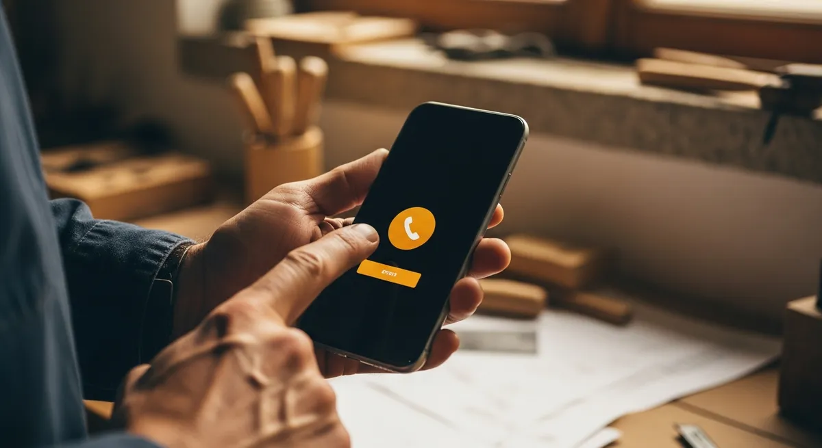 Artisan tenant un smartphone affichant un bouton d'appel en évidence sur son site internet, atelier breton en arrière-plan — téléphone ou formulaire contact