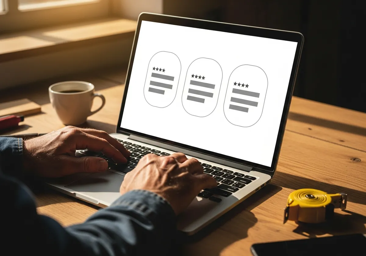 Trois blocs de témoignages clients avec notes en étoiles affichés sur un site vitrine d'artisan, mains sur le clavier d'un ordinateur portable