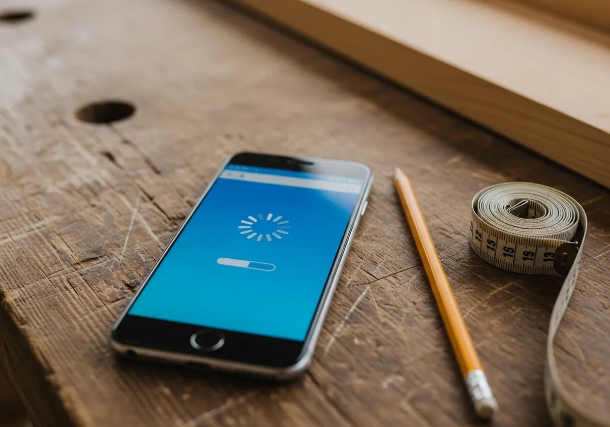 Smartphone posé sur un établi breton, page web figée sur un spinner de chargement — vitesse chargement site internet artisan