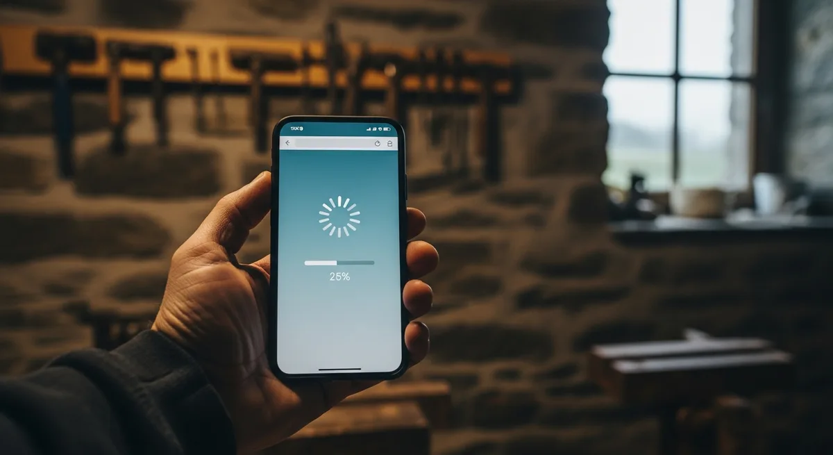 Main d'artisan tenant un smartphone avec page web en chargement figée — atelier breton, lumière naturelle