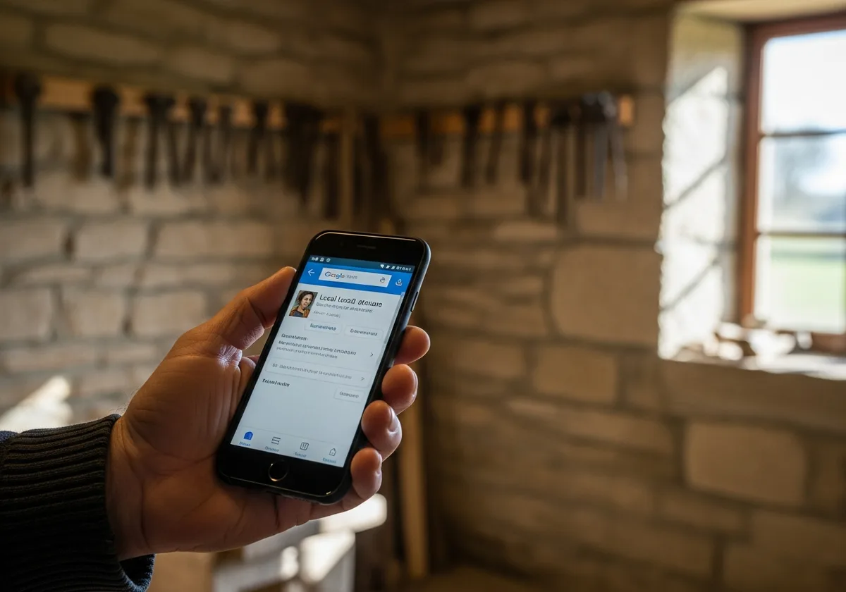 Main d'artisan tenant un smartphone affichant des résultats Google locaux — atelier breton en arrière-plan, mur en granit, lumière naturelle
