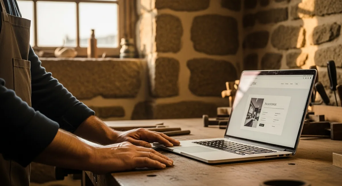 Mains d'artisan sur un bureau en bois avec laptop montrant un site professionnel — atelier breton lumière naturelle